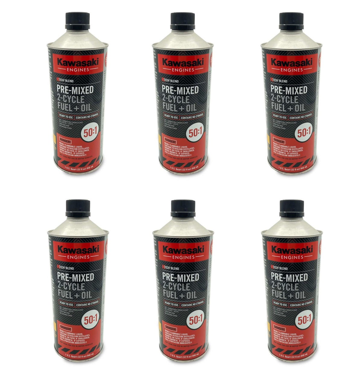 6 Pack Kawasaki 99969-6559 KTECH Blend 50:1 Pre-Mixed 2-Cycle Fuel + Oil 1 Quart